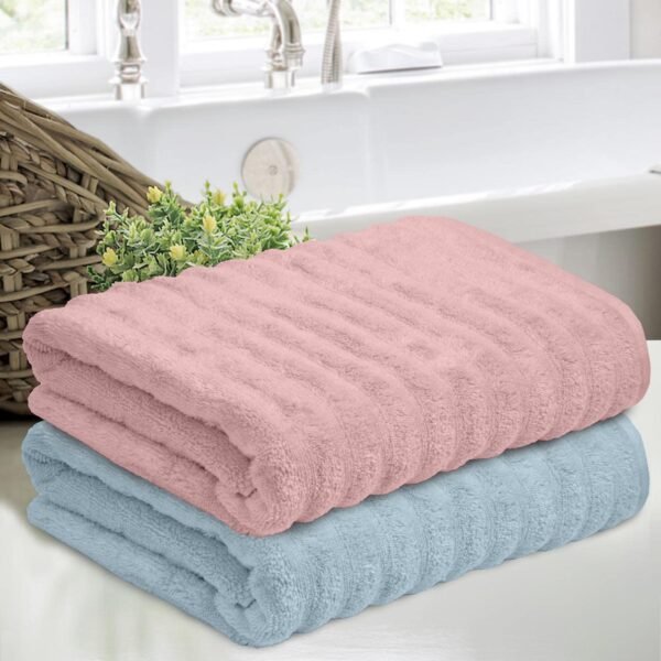 haus & kinder 100% Cotton Zero Twist 2 Piece Bath Towel Set, Highly Absorbent, Large Size Super Soft Coral Fleece Bathing Towel for Men, Women, Hote & Spa - 530 GSM, Sky Blue & Blush