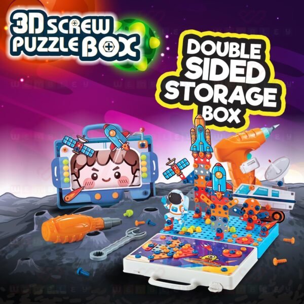 Wembley 4 in 1 Toy Drill Screw Tool Set for Kids 3 4 5 6 7+ 3D Puzzle Box STEM Learning DIY Building Block Kit Creativity Educational Construction Promotes Motor Skills - Space Theme - Image 3