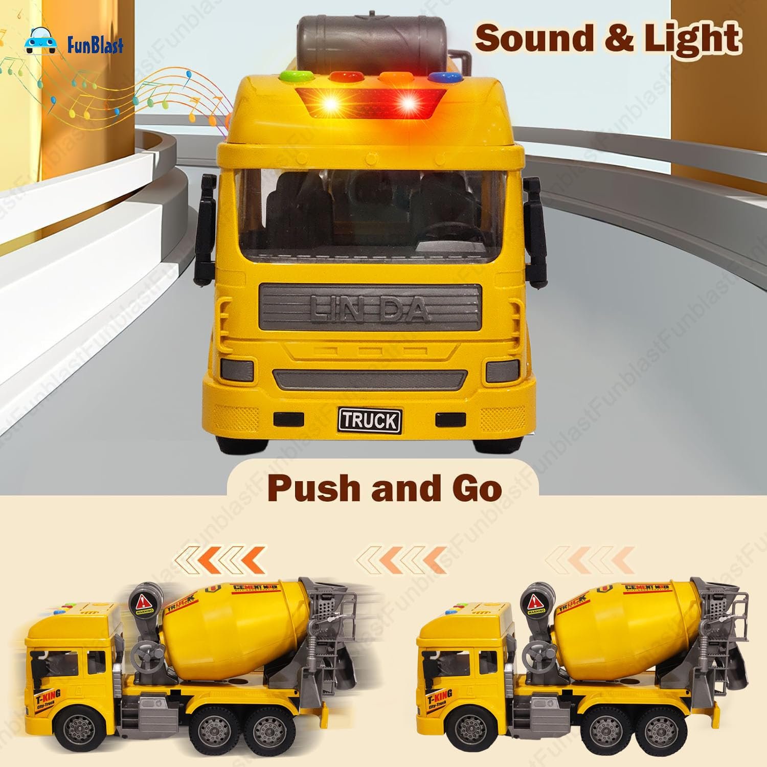 FunBlast Cement Mixer Truck Toy for Kids, Friction Power Construction Truck Toy for Kids, Big Size Pull Back Toy Trucks for 3+ Years Old Boys and Girls, Light and Sound Toys for Kids (Yellow) - Image 4