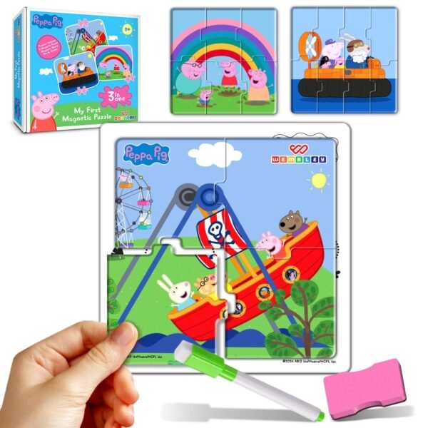 Wembley Peppa Pig - 3 in 1 Jigsaw Magnetic Puzzle for Kids 3+ Years Educational Fun Learning DIY Creative Activity Set Dot-to-Dot Sketching Includes 3 Puzzles, 1 Board, Sketch Pen & Duster