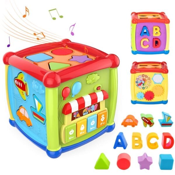 5 in 1 Activity Triangle Center Cube | Alphabet Blocks Abacus Clock Writing | Counting Beads Assembly Toys for Babies Montessori Learning Toy for 1-5 Year Old Kids (Fancy Cube)