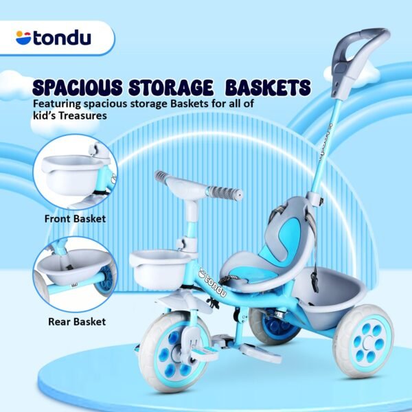 TONDU Kiddo Tricycle for Kids/Baby with Storage Basket | Seat Belt with Parental Control Baby Tricycle (Blue) - Image 3