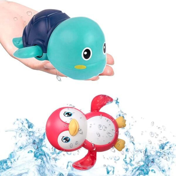 WISHKEY Plastic Bath Tub Toys for Kids, Cute Floating Penguin and Turtle Bath Toys Set, Water Toys for Baby Boys & Girls, Baby Swimming Floating Pool Toys, Multicolor, 0-3 Years (Pack of 2)