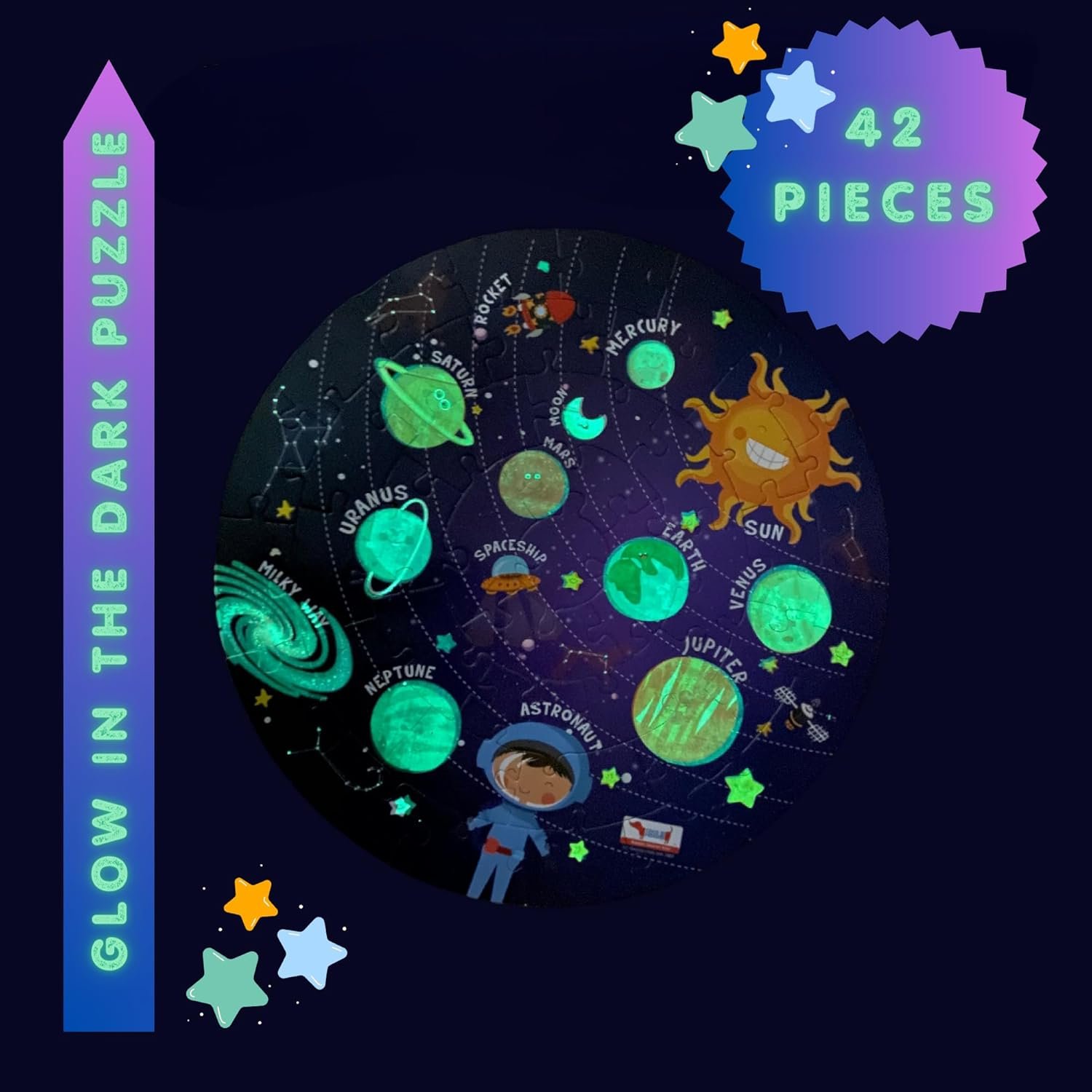 CocoMoco Kids Solar System Puzzle 42 Pcs - Glow in The Dark - Educational Toy - Space Puzzles for Kids Ages 2-6 Year Old Boys Girls Return Gift Jigsaw Puzzles of Planets, Universe (Single Pack) - Image 5