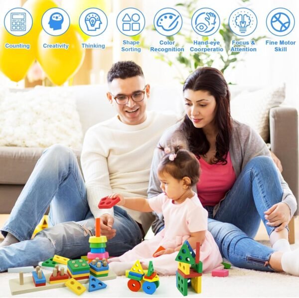 SMARTBEE Wooden Shape Sorter and Stacking Toy | Montessori Toys for Kids with 5 Geometric Shapes | Wooden Intelligence Puzzle for Kids and Toddlers for Age 1 to 3
