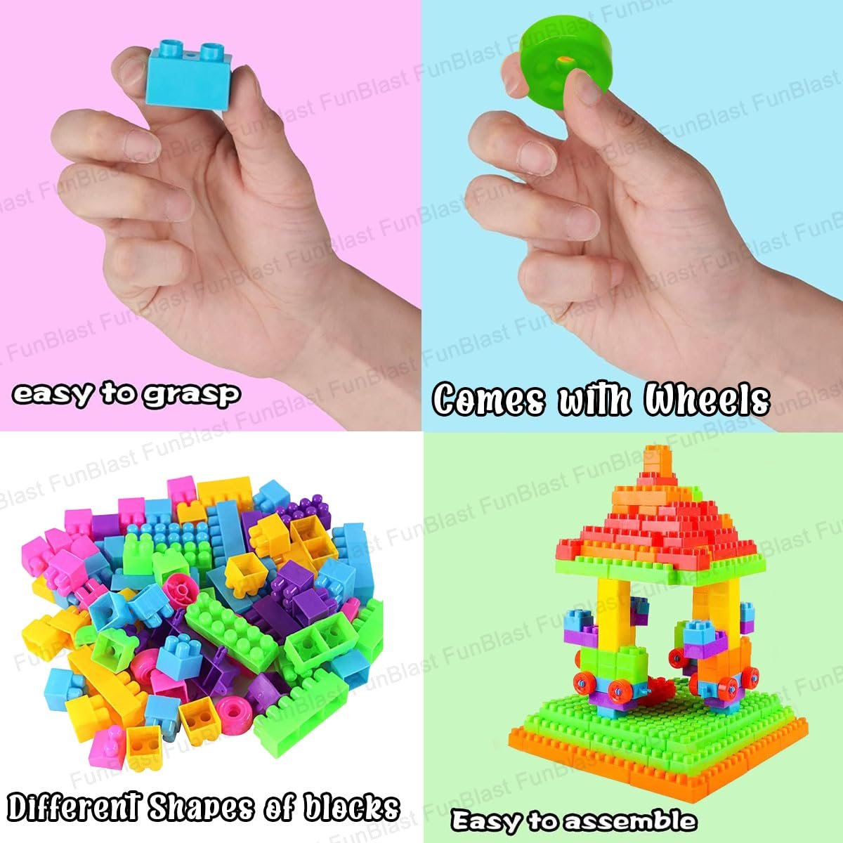 FunBlast DIY Plastic Building Blocks for Kids Puzzle Games for Kids, Toys for Children Educational & Learning Toy for Kids, Girls & Boys - (250+ Blocks with 38 Wheels) Multicolor (250 pieces) - Image 3