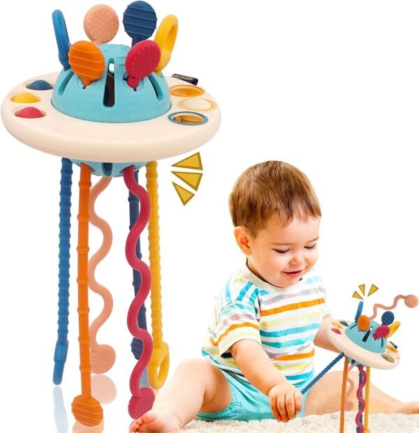 Kidology Soft Pull String Sensory Teething Toy for Babies 6 months & above | Food Grade Silicone teether | Montessori toys for travel | Fine Motor Skills, Fun activity for Toddlers (UFO), Multicolor