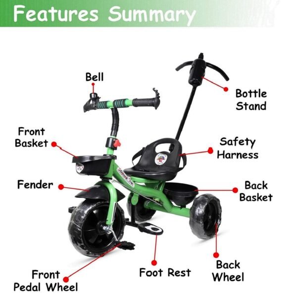 Tricycle with Parent Handle or Music or Front Back Basket with Canopy for Baby Boy/Girl Kids Trikes or Toddler 1-4 Years (Green) - Image 3