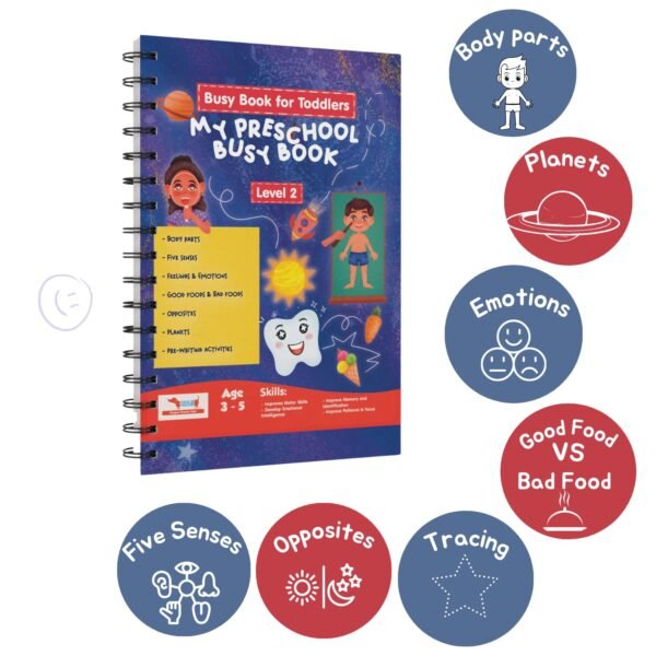 CocoMoco Kids My Preschool Busy Book For Toddlers Level 2 With Body Parts,Planets,Opposites,Emotions | Quiet Book For Kids Learning Toys For 3-5 Year Olds | Montessori Learning (Pack Of 5),Multicolor - Image 4