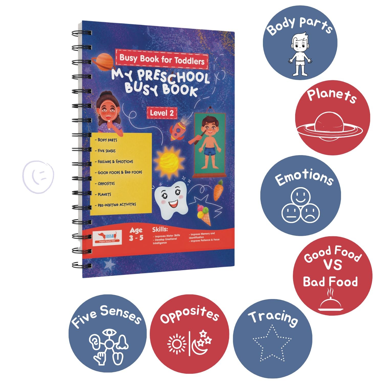 CocoMoco Kids My Preschool Busy Book For Toddlers Level 2 With Body Parts,Planets,Opposites,Emotions | Quiet Book For Kids Learning Toys For 3-5 Year Olds | Montessori Learning (Pack Of 5),Multicolor - Image 4