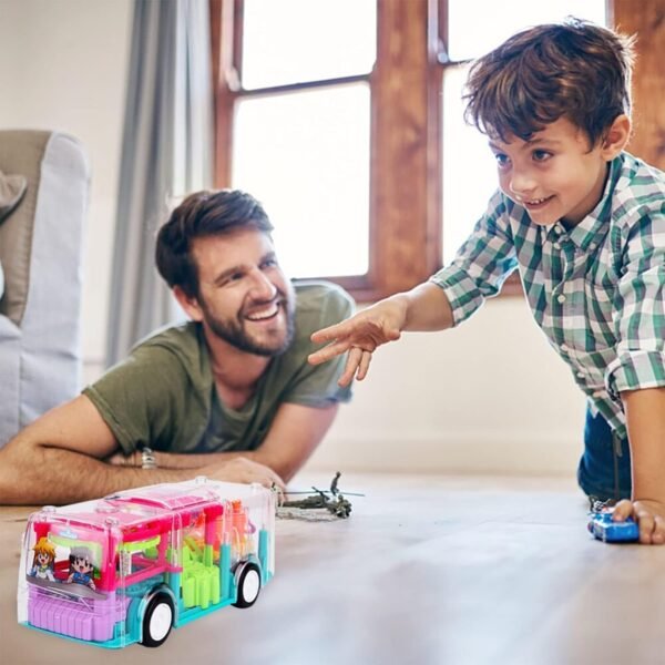 Transparent 3D Bus Toy, 360 Degree Rotation, Gear Simulation Mechanical Sound and Light, DIY Customizable Miniature Bus Playset for Kids 2-5 Years - Image 2