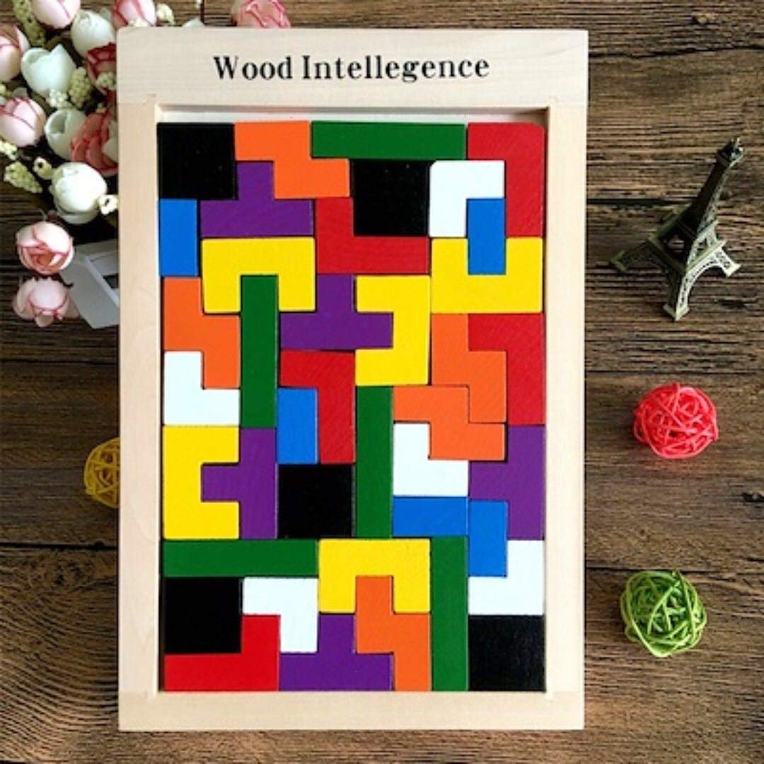 JABA\'S Wooden Tetris Puzzle Brain Teaser Toy Colorful Jigsaw Game Montessori Intelligence Educational Gift for Baby- Toddlers, Kids 2-6 Years Old Boys Girls - 40 Pcs, Multi Color