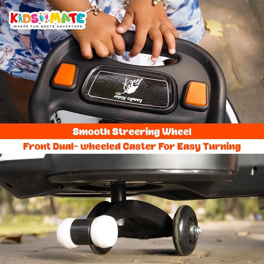 Kidsmate Lambo Rider 2-in-1 Electric & Manual Swing Car | Battery-Operated Ride-On for Kids 1-4 Years | LED Lights, Music & Smooth PU Wheels for Endless Fun - White - Image 6