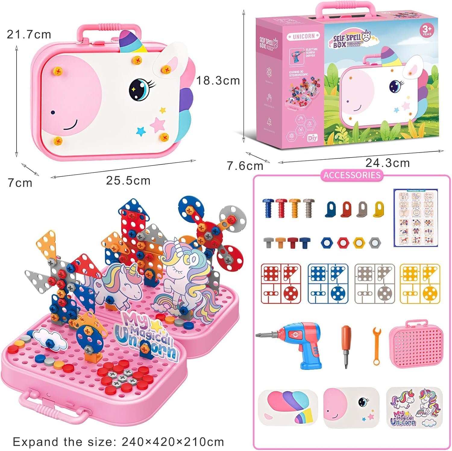 Creative Drill Toys for 3-5 Year Old Boys and Girls - Construction Building 3D Puzzle Kit with Pegboard Box - Take Apart STEM DIY Educational Drill Set - Fun Gift for Kids (Unicorn) - Image 2