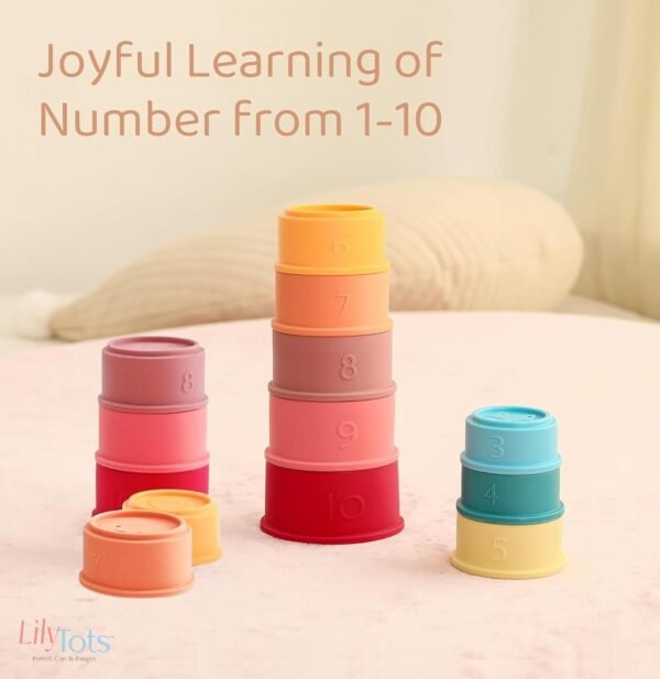 LilyTots™ Silicone Stacking Cups Toy | Soft Chewable Teething Baby Toys for 6 + months babies | 10 pcs Squeezable Stacker Activity for kids 0-3 years Learning & Develop kid\' Reasoning skills (10pcs) - Image 6