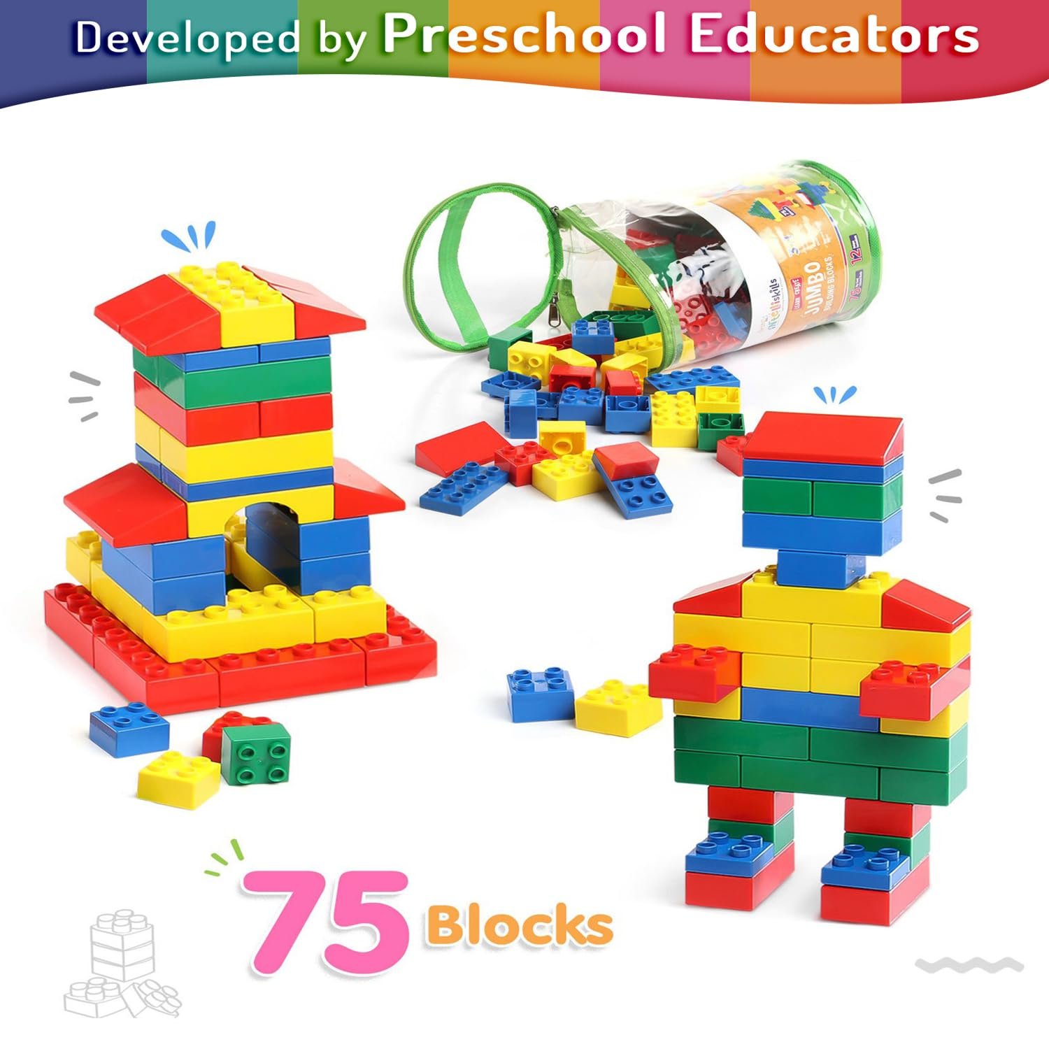 Intelliskills Premium Jumbo 75 Pcs Building Blocks for 3+ Years Kids, Construction Block Set for Boys & Girls, Creative Activity Kit,Fun Learning & Educational Toy, Develop Motor Skills, Birthday Gift - Image 2