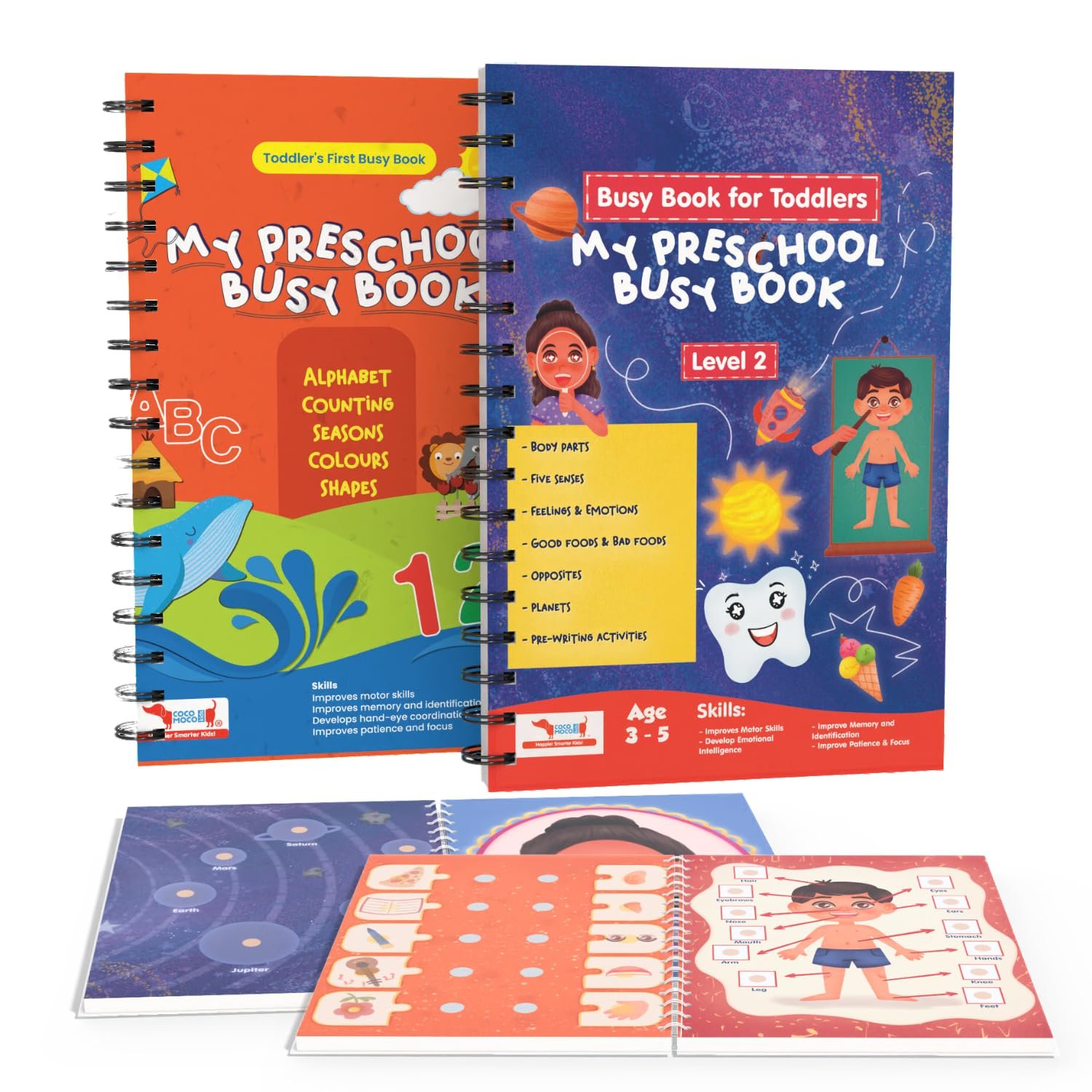 CocoMoco Kids Combo Pack of Montessori Busy Books for Toddlers Level 1 and 2 - Quiet Book for Kids, Learning Toys for 2-5 Year Olds, Preschool Birthday Return Gift for Kids