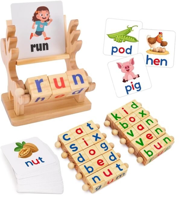 Wooden Reading Blocks,Montessori Toys for Toddlers 2 3 4 Years Old,Flash Cards Turning,Short Vowel Rotating Matching Letters Toy for Kids,Wooden Spelling Toy,Sight Word Games