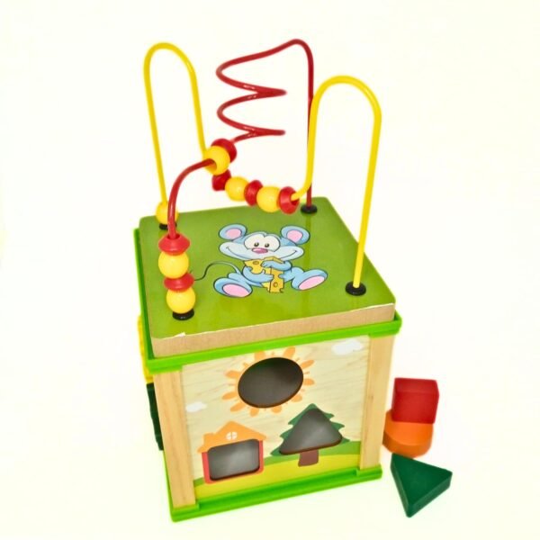 5 in 1 Montessori Themed Activity Cube for Kids 1-4 Years (Beads Maze + Colourfull Clock + Gear Wheels + Shape sorter + Routing Insects) - Image 4