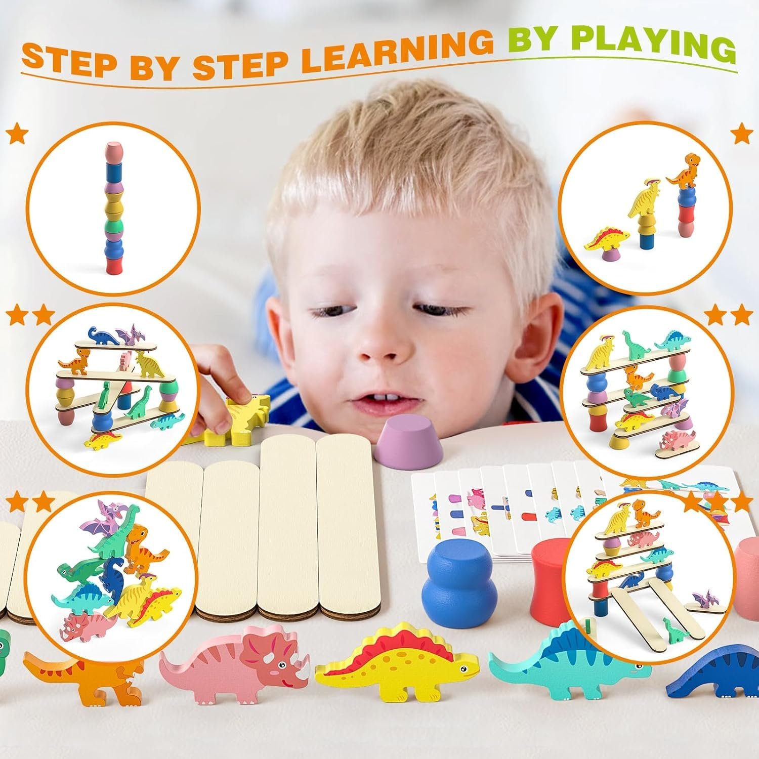 Montessori Dinosaur Toys for 1 2 3 4 Year Old Toddlers, Preschool Education Toys for Ages 2-4 Boys Girls Kids, Wooden Dinosaur Blocks Sorting & Stacking & Balance Toys, - Image 6