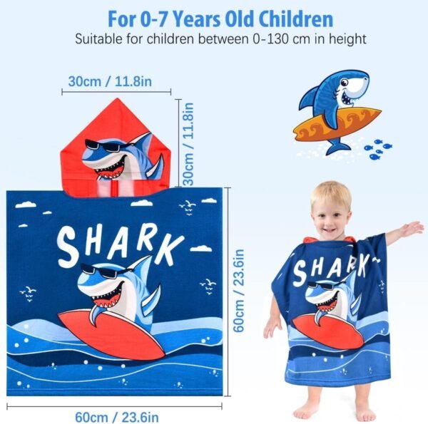 Dark Blue Shark Dive Poncho Towel for Kids | Hooded Bath Towels | 60 x 60cm Toddler Pool Towel for Boys & Girls, 1-7 Years | Cute & Cozy Bath/Beach Towel - Image 2