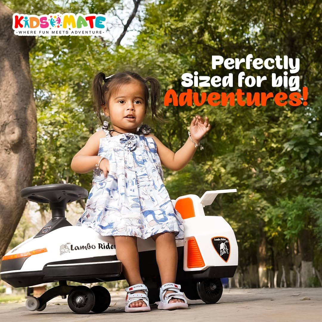 Kidsmate Lambo Rider 2-in-1 Electric & Manual Swing Car | Battery-Operated Ride-On for Kids 1-4 Years | LED Lights, Music & Smooth PU Wheels for Endless Fun - White - Image 4