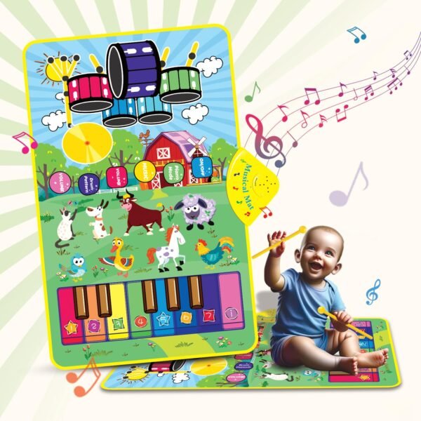3-in-1 (Bull & Sheep ) Piano Mat for Toddlers, Piano & Drum Mat with 2 Sticks, Featuring Animal, Piano, and Drum Sounds, Educational Toy for 12 Months+, Ideal for 1-3 Year Toddler - Design 1