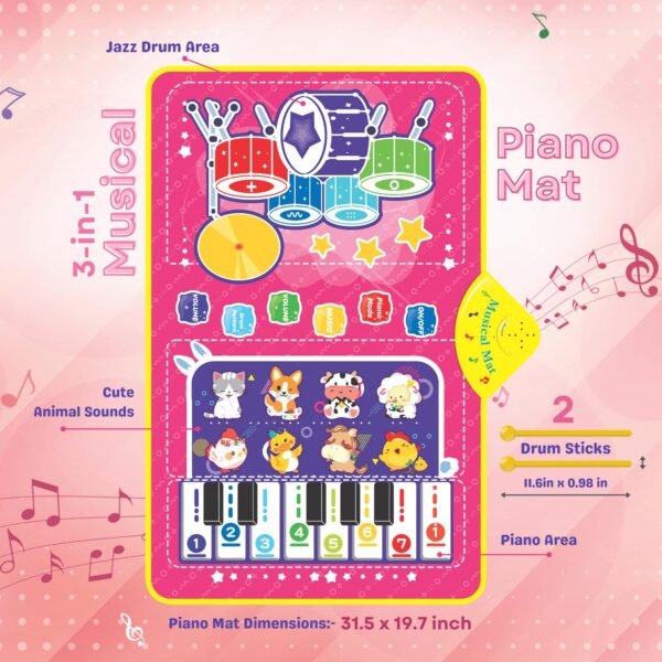 3-in-1 (Cat & Unicorn) Piano Mat for Toddlers, Piano & Drum Mat with 2 Sticks, Featuring Animal, Piano, and Drum Sounds, Educational Toy for 12 Months+,Ideal for 1-3 Year Toddler - Pink Design - Image 6
