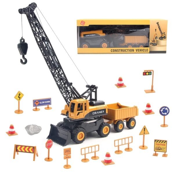 Crane Toy Truck, Construction Truck Toy Set with Road Signs,Outdoor Engineering Vehicle for Sand Party Favour, Birthday Gift 3-8 Years Old Toddlers Children Boys Kids to Play