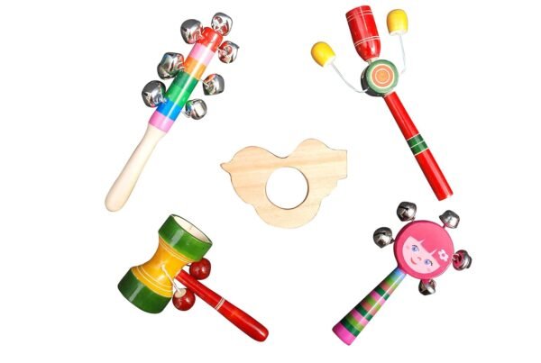 Wooden Rattles & Teether for Baby, Infants, New Born Babies Toys (0 to 6 to 12 Months) - Set of 5 pcs - Non Toxic Multicolor - Made in India - Discover Sounds & Sensory Skills - Image 4