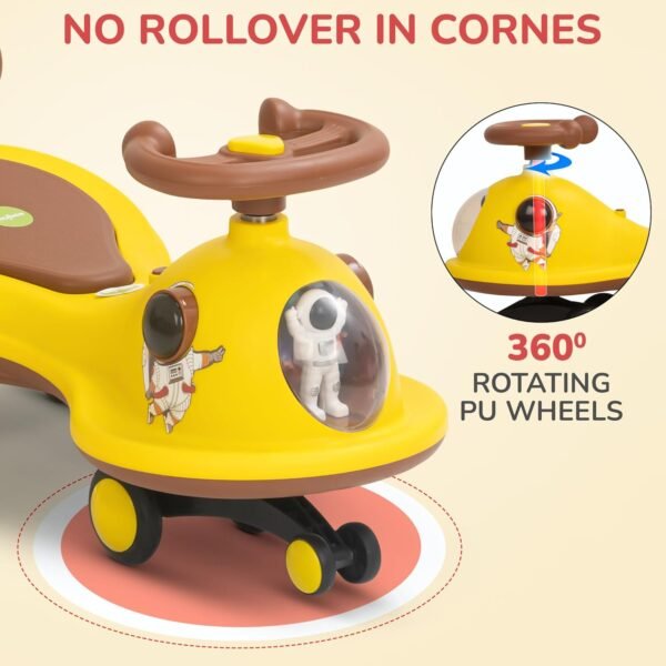 Baybee Astro Swing Car for Kids | Baby Push Ride on Toy with LED Lights, 360° Steering, Music & Backrest | Kids Car | Twister Rideons Baby Cars, Magic Cars for Kid 3 to 8 Years Boy Girl (Yellow/Brown) - Image 4