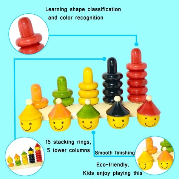 Match & Stacking Wooden Ring Tower - Educational Toy for Toddlers (1 Year and Above) - 15 Multicolor Rings - Eco-Friendly Wooden Toy - Preschool Learning - Image 5