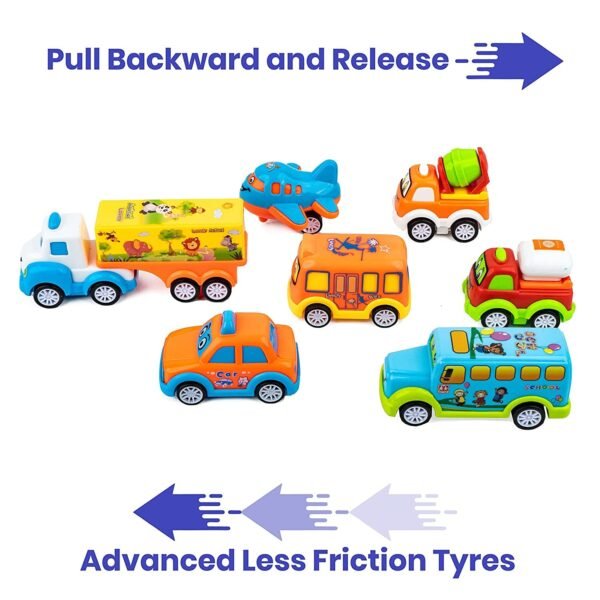 Famous Quality Plastic Unbreakable Friction Powered and Pull Back Automobile Car Plane Truck Taxi Toys for Kids - Set of 7 Pc - Image 3