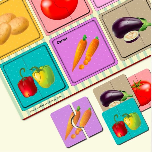 Vegetables 2 Pieces Wooden Puzzle Set, Kids Toys for 2-5 Years Boy, Educational Jigsaw, Zero Plastic, My First Learning Puzzle for Picture Matching, Toys for 2+ Year Old Boy - Image 4