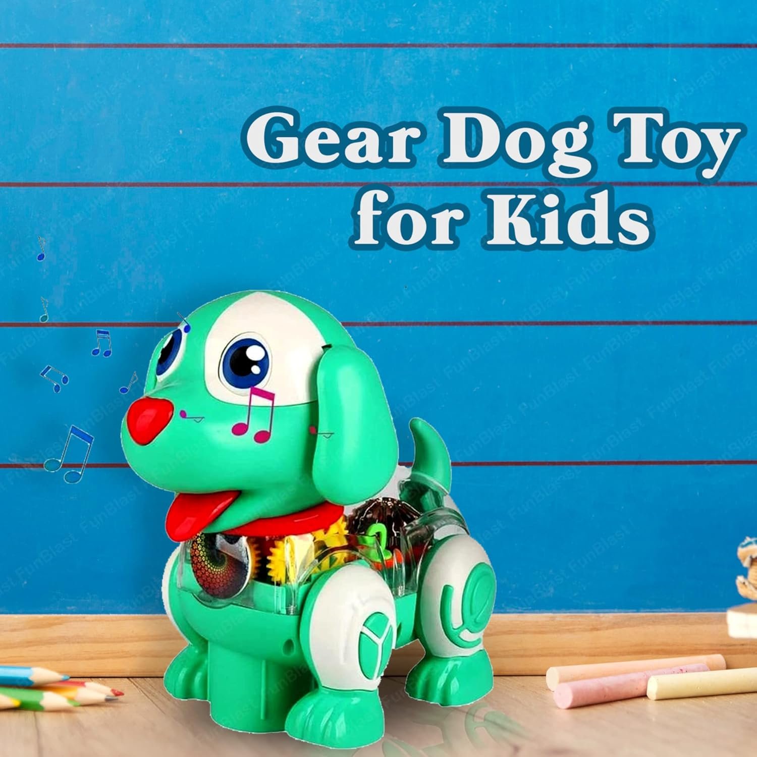FunBlast Dog Toys for Kids – Musical Transparent Gear Dog Toy, 360 Degree Rotating Puppy Toy with Flashing Light & Sound, Musical Jumping Dog Toy for 3+ Years Kids, Boys (Green) - Image 6