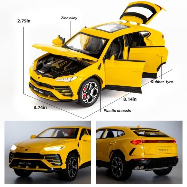 Model Car Zinc Alloy Pull Back Toy Diecast Toy Cars with Openable Doors, Sound and Light for Kids Boy Girl Gift (1:24 Lamborghini Urus-Yellow) - Image 4