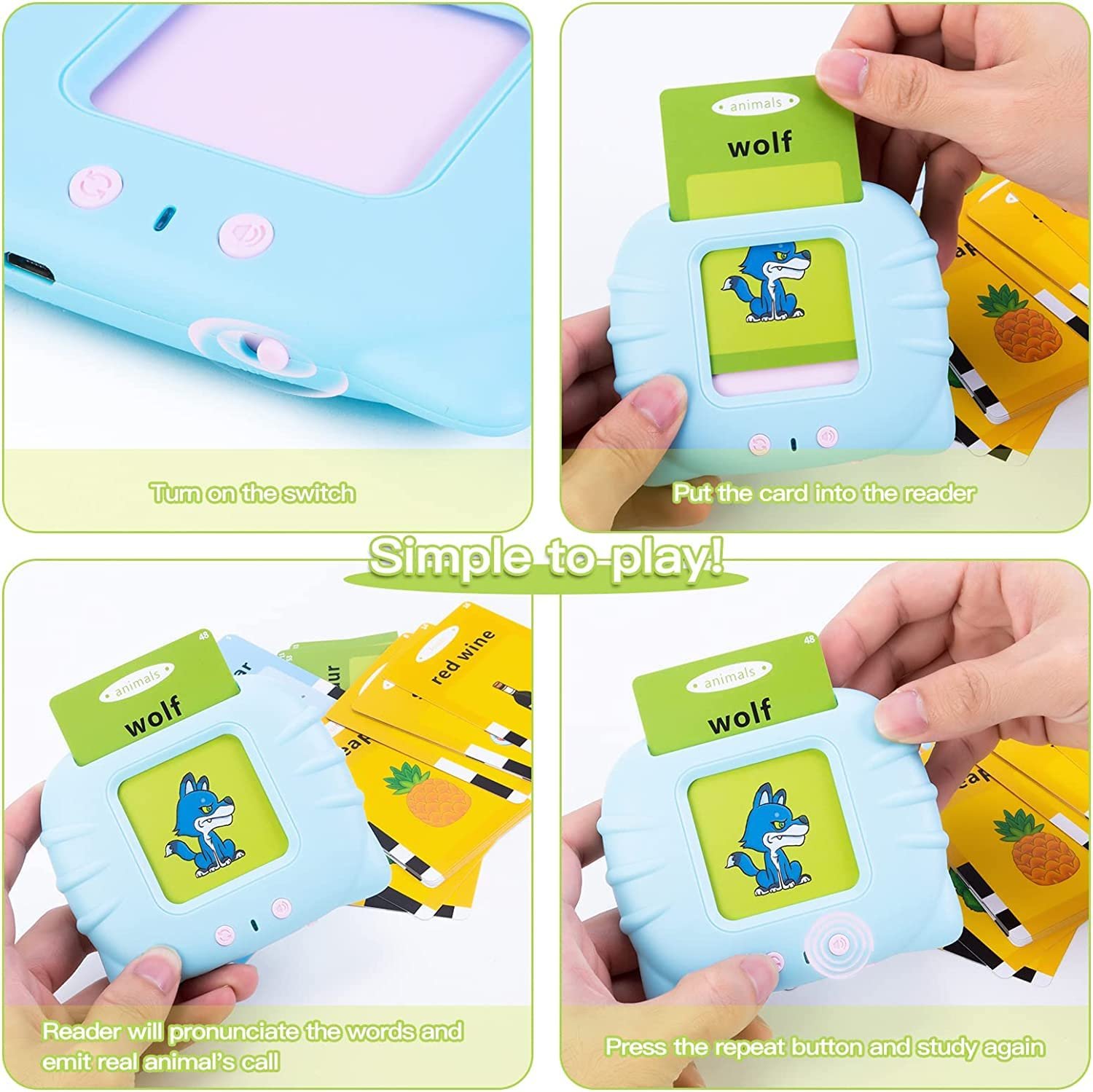 FunBlast Talking Flash Cards for Kids, Learning Toys for Kids, English Flash Cards, Montessori Educational Toys for 2-4 Year Old Kids, Boys, Girls -112 Double Sided Card (Blue) - Image 5