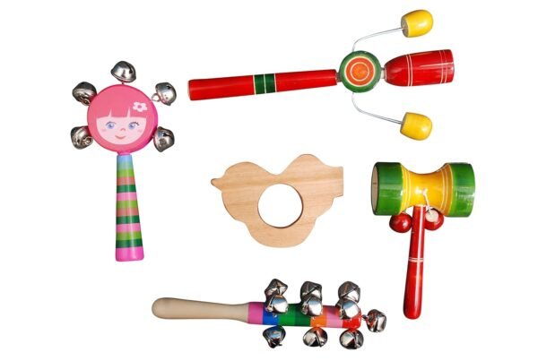 Wooden Rattles & Teether for Baby, Infants, New Born Babies Toys (0 to 6 to 12 Months) - Set of 5 pcs - Non Toxic Multicolor - Made in India - Discover Sounds & Sensory Skills - Image 3