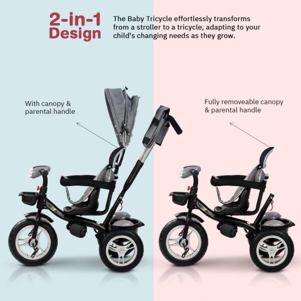 Baybee Klinto 2 in 1 Baby Tricycle for Kids | Plug N Play Baby Cycle Trikes with Parental Control, Canopy, LED Light & Music, Kid Triycle with Safety Guard, Kids Cycle for 2-5 Years boy Girl (Ash) - Image 4