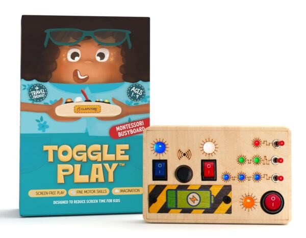Toys Montessori Toggle Play Busy Board with LED Light, Wooden Sensory Activity Board for Toddlers & Kids 1-6 Years, Hand-Eye Coordination & Brain Development for Boys & Girls