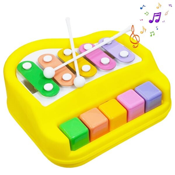 VGRASSP 2 in 1 Small Xylophone and Piano Toy for Kids with Colorful Keys and Drum Sticks - Musical Instrument Toy for Baby and Toddlers - Yellow