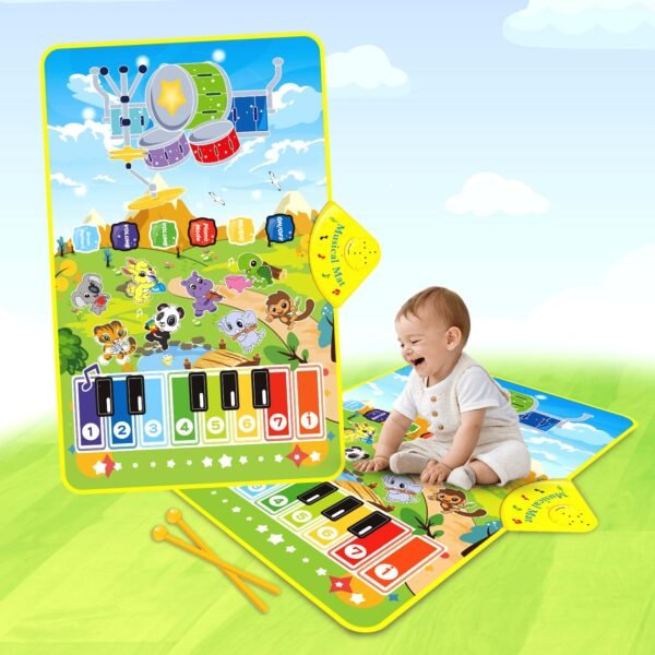3-in-1 (Musical Instruments 1) Piano Mat for Kids, Musical Piano Mat – Drum, Piano & Instrument Sounds with 2 Sticks, Animal Prints, Educational Toy for Toddlers 12M+, Ideal for 1-3 Years