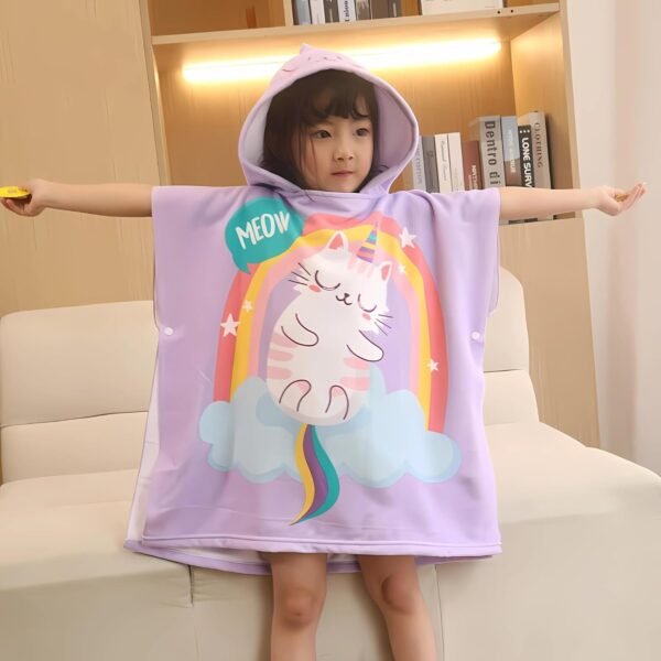 Purple Cat Poncho Towel for Kids | Hooded Bath Towels | 60 x 60cm Toddler Pool Towel for Boys & Girls, 1-7 Years | Cute & Cozy Bathrobe Alternative