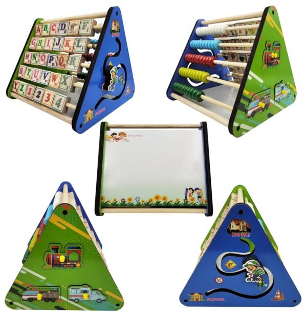 5 in 1 Wooden Triangle Activity | Learn Alphabets, Blocks, Abacus, Counting & Drawing Writing Board, Motor Skills, Wooden Montessori Educational Toy | Learning Toys for 2+ Year Kids
