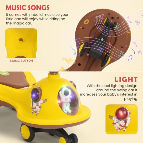 Baybee Astro Swing Car for Kids | Baby Push Ride on Toy with LED Lights, 360° Steering, Music & Backrest | Kids Car | Twister Rideons Baby Cars, Magic Cars for Kid 3 to 8 Years Boy Girl (Yellow/Brown) - Image 5