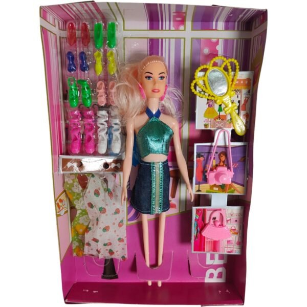 ABYZ Fashion Doll Set with Sparkling Green Dress, Multiple Shoes and Accessories, Girls Toy 3-5 Years, Multicolor