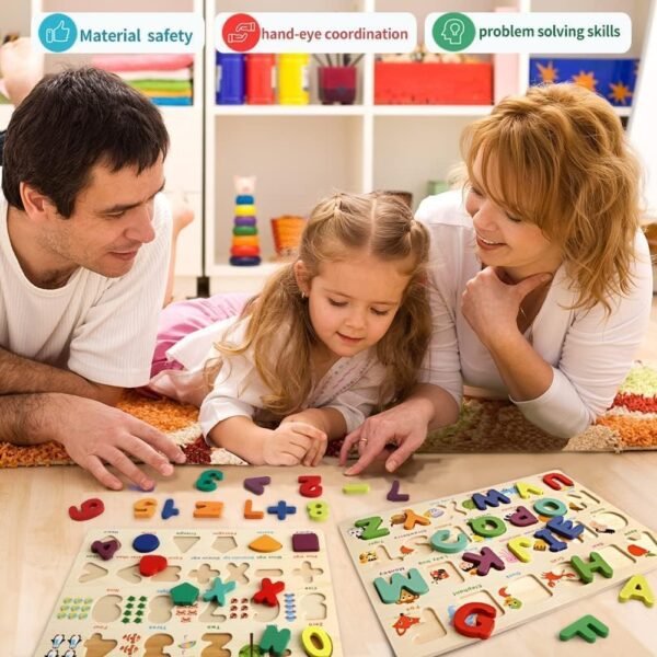 TRENDYKIDS Wooden Educational Puzzles ABCD & 123, Wooden Alphabet Number Shape Puzzles Toddler Learning Puzzle Toys for Kids 3-6 Years Old Boys & Girls, 2 in 1 Puzzle for Toddlers (ABCD&1234 Puzzle)