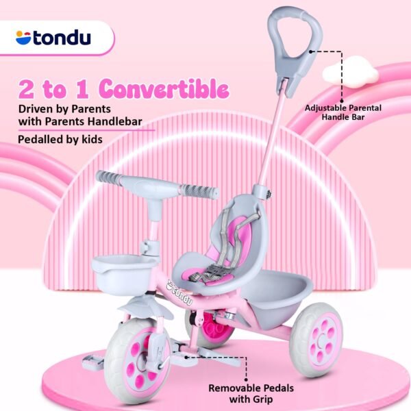 TONDU Kiddo Tricycle for Kids/Baby with Storage Basket | Seat Belt with Parental Control Baby Tricycle (Pink) - Image 5