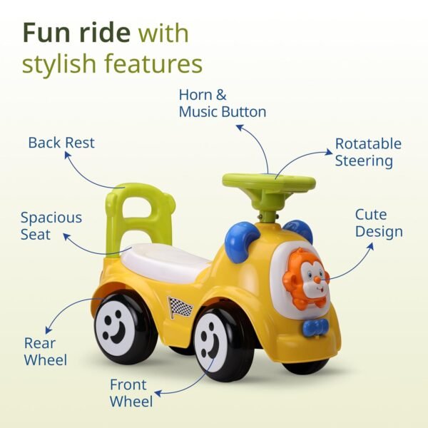LuvLap Sunny Ride on & Car for Kids with Music & Horn Steering, Push Car for Baby with Backrest, Safety Guard, Under Seat Storage & Big Wheels, Ride on for Kids 1 to 3 Years Upto 25 Kgs (Yellow) - Image 3