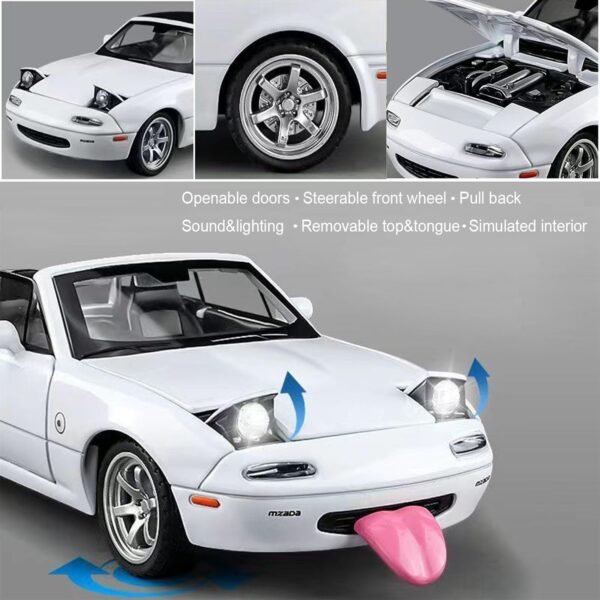 RuZon1:32 Mazda Miata MX-5 Alloy Model Car, Toy Car with Pullback, Removable Top, Blinking Lights, Toy Car with Sound and Bright Lights, Collectible Grade Gift for Kids?White? - Image 2